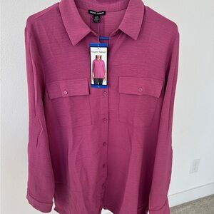 Hilary Radley Ladies Button-Up Blouse Shirt, Dark Pink, Large - NWT